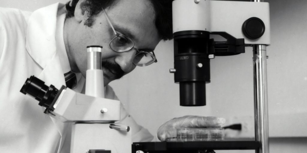 grayscale photography of doctor using microscope